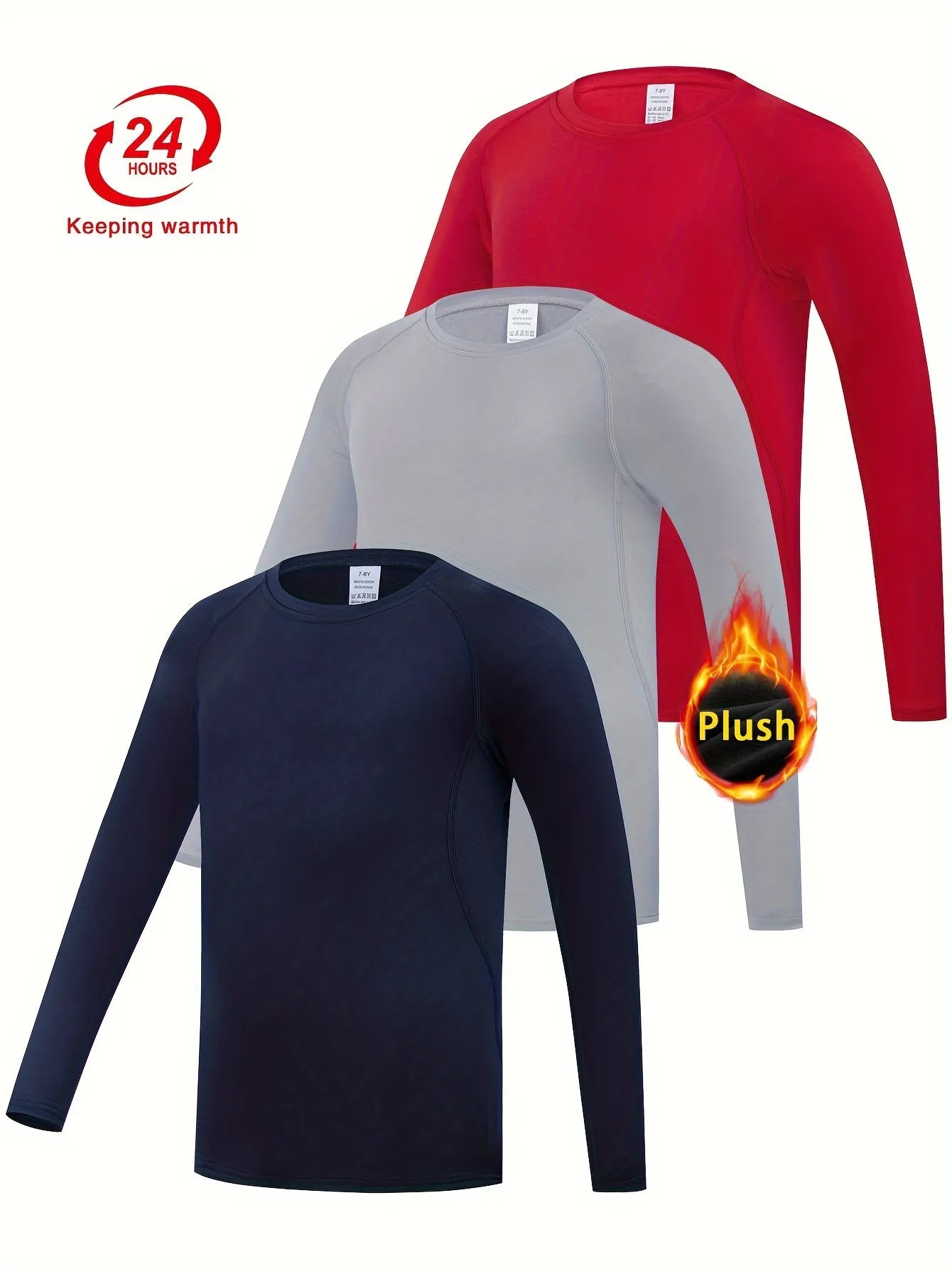 3-Pcs Youth Fleece-Lined Thermal Underwear Tops - Compression, Long Sleeve, Solid Color