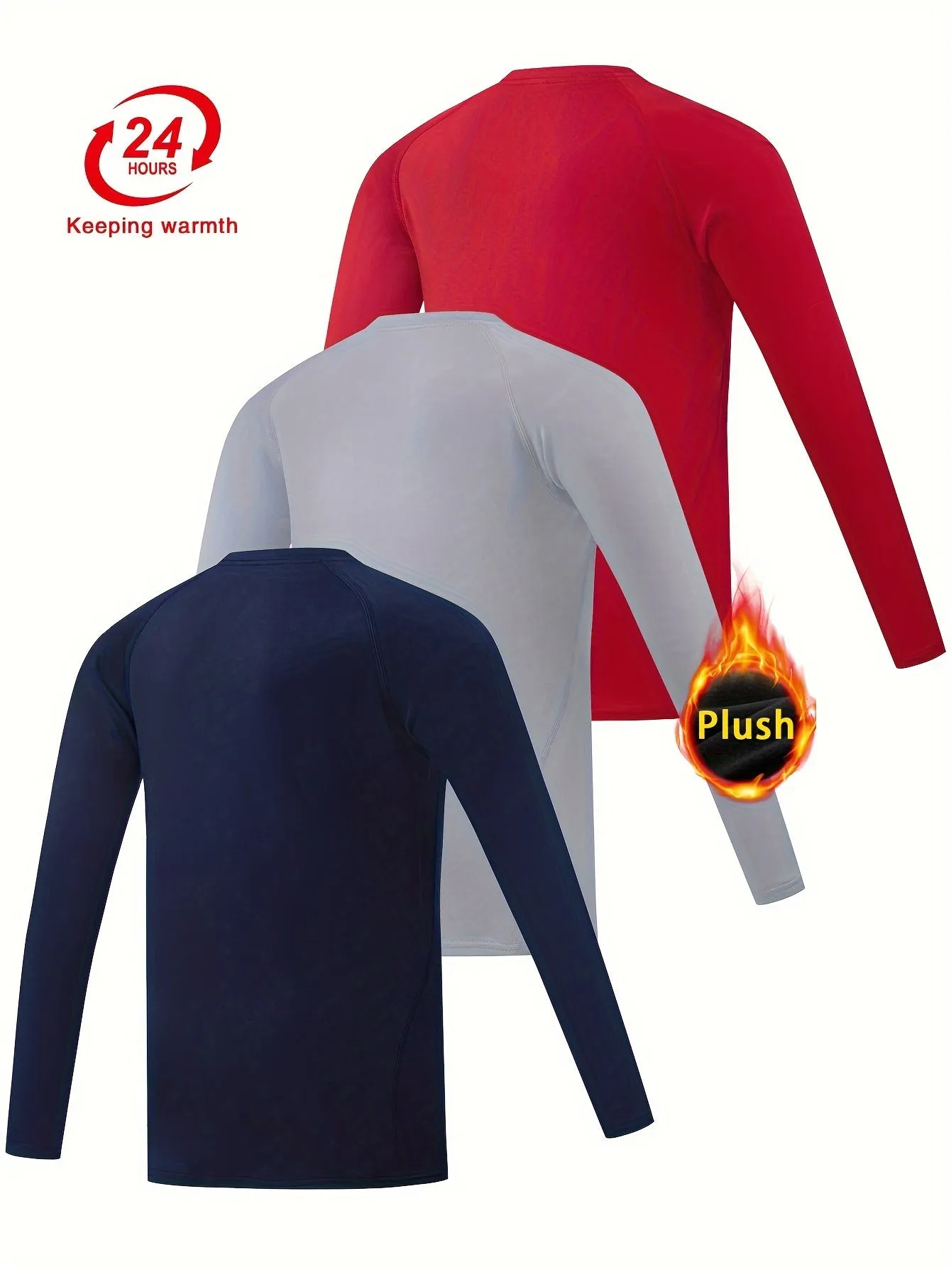 3-Pcs Youth Fleece-Lined Thermal Underwear Tops - Compression, Long Sleeve, Solid Color