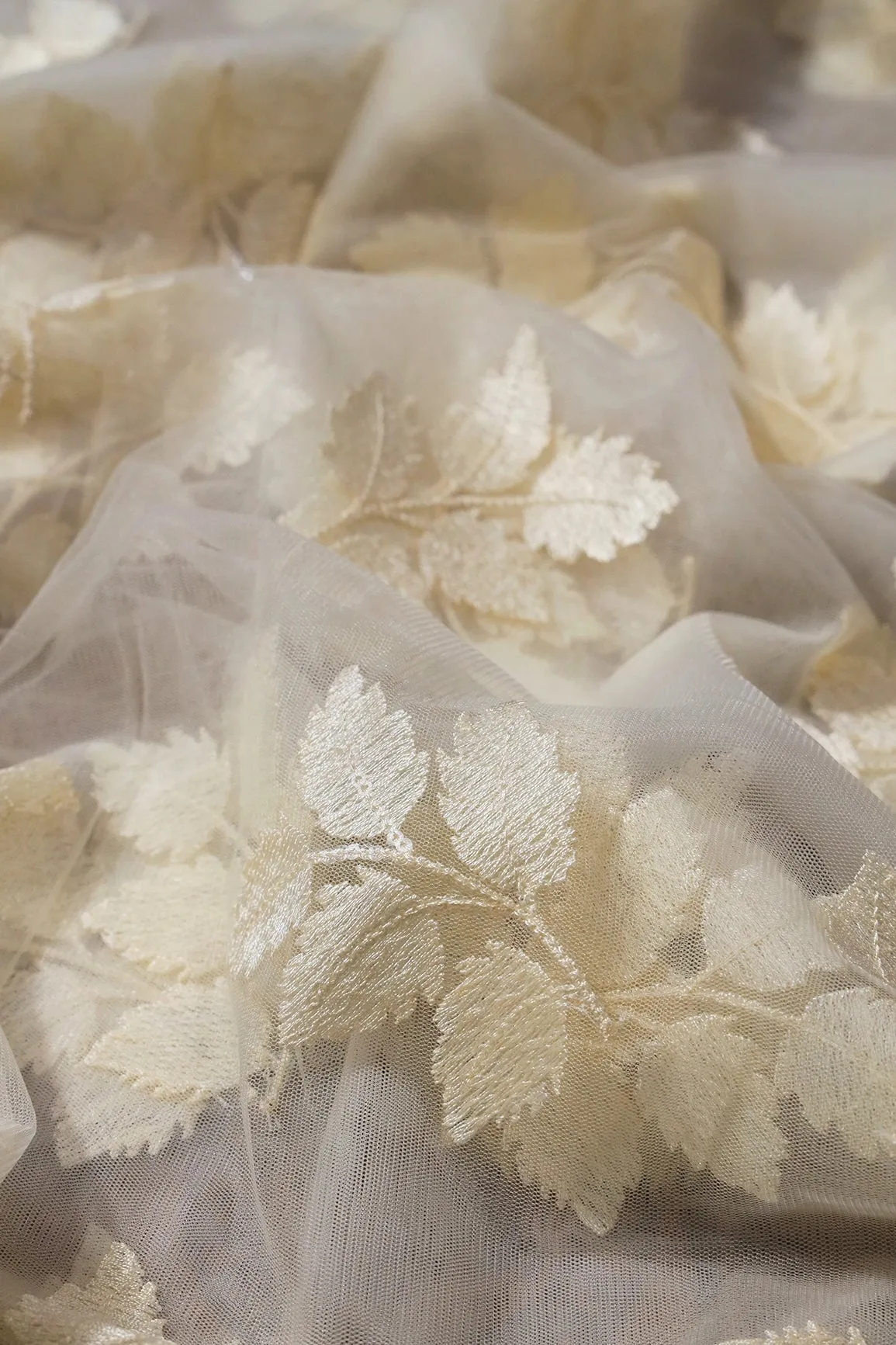 4 Meter Cut Piece Of Cream Thread With Sequins Leafy Embroidery On Cream Soft Net Fabric