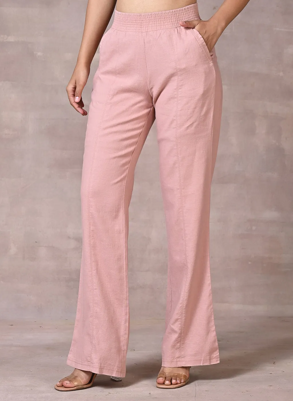 Akiya Peach Cotton Linen Relaxed Fit Pants for Women