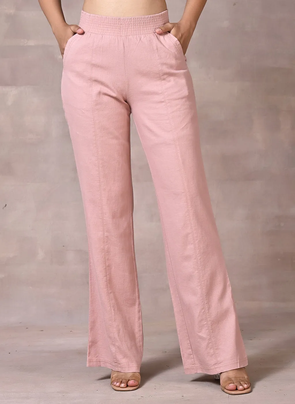 Akiya Peach Cotton Linen Relaxed Fit Pants for Women