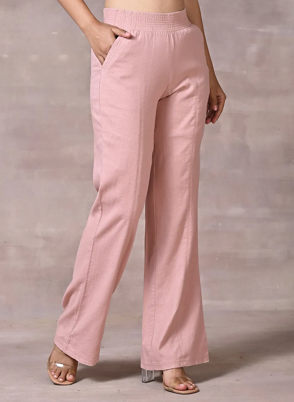 Akiya Peach Cotton Linen Relaxed Fit Pants for Women