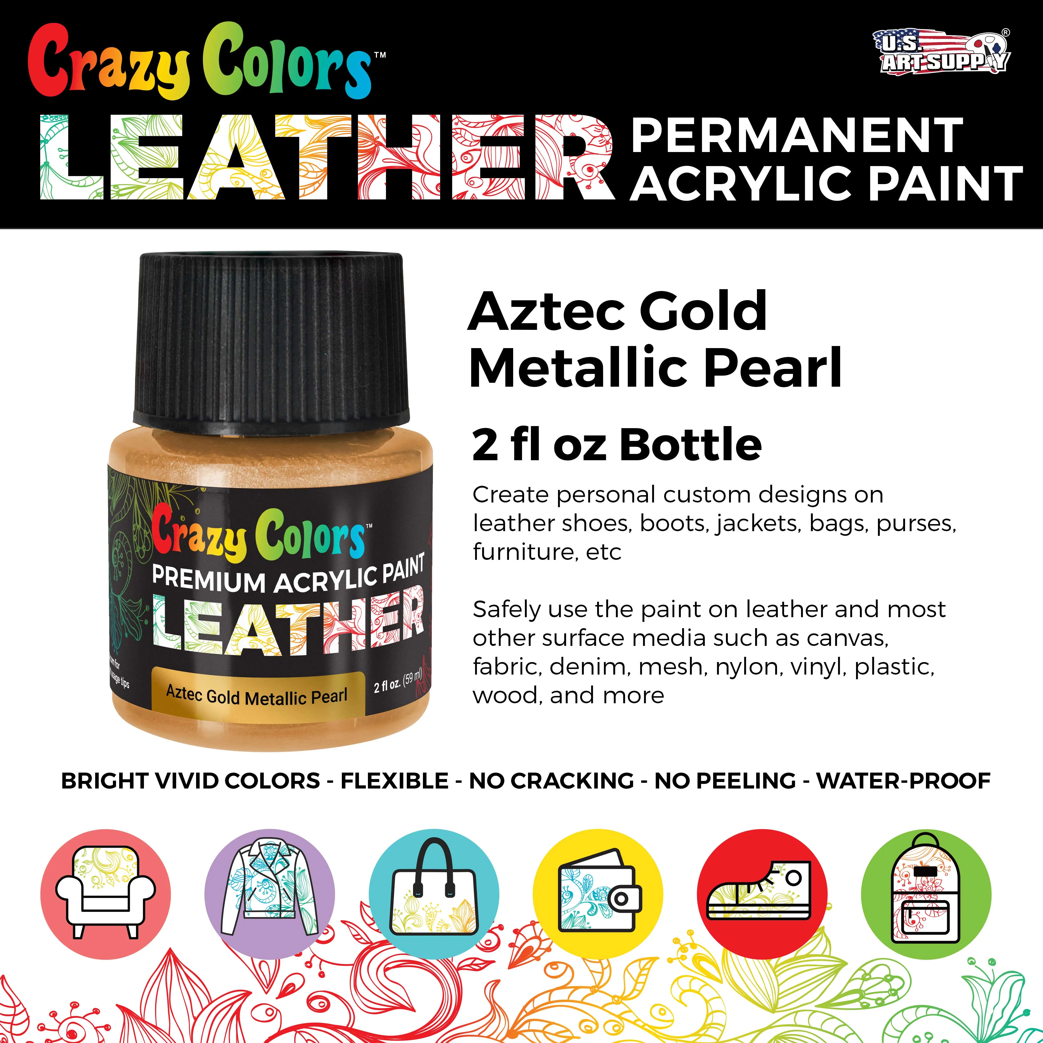 Aztec Gold Metallic Pearl Premium Acrylic Leather and Shoe Paint, 2 oz Bottle - Flexible, Crack, Scratch, Peel Resistant - Artist Create Custom Sneakers, Jackets, Bags, Purses