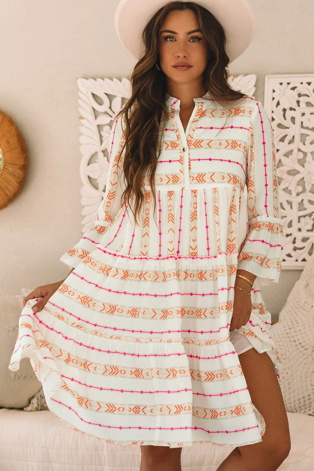 Bohemian Slit Neck Ruffled Loose Dress