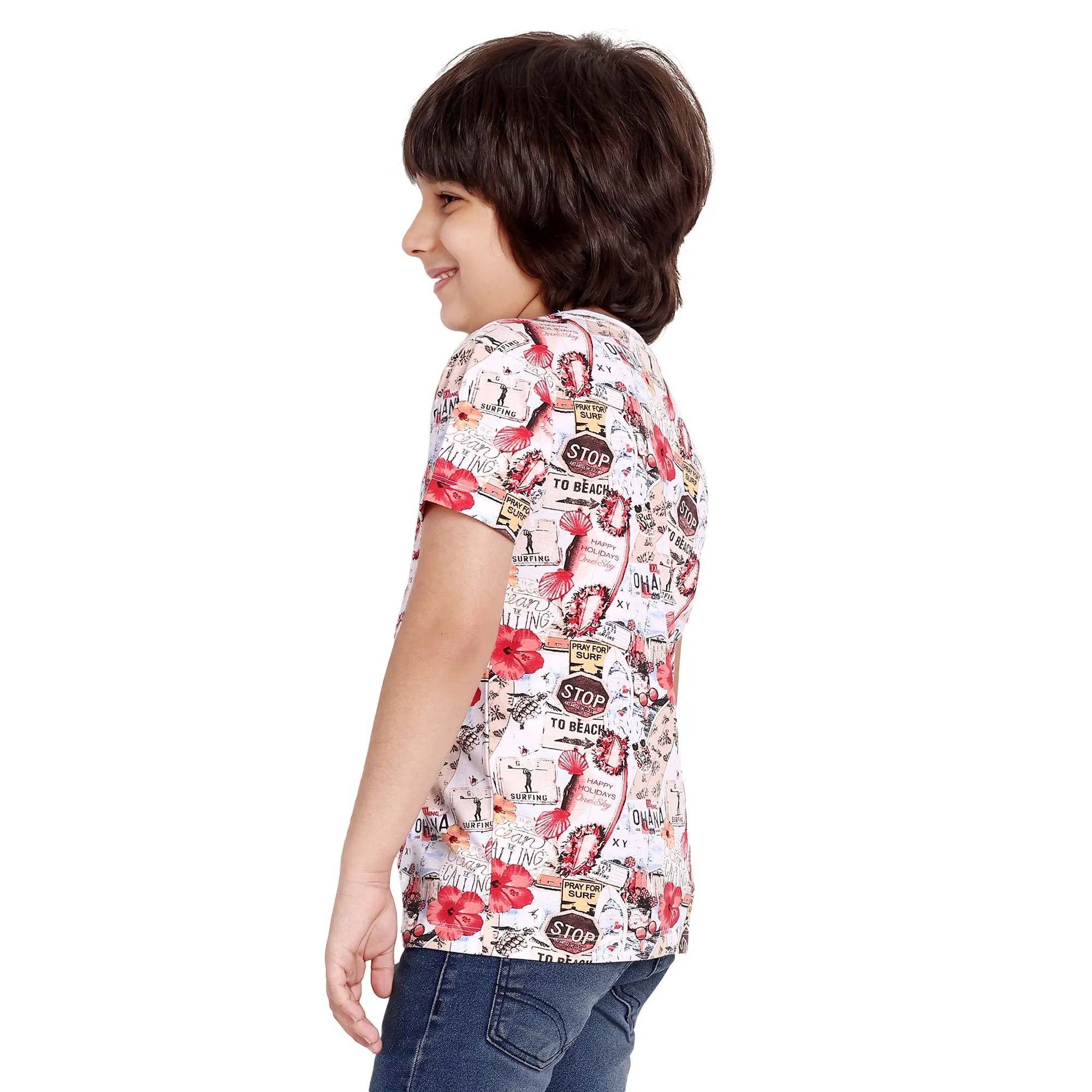 Boys White Printed Round Neck T-Shirt