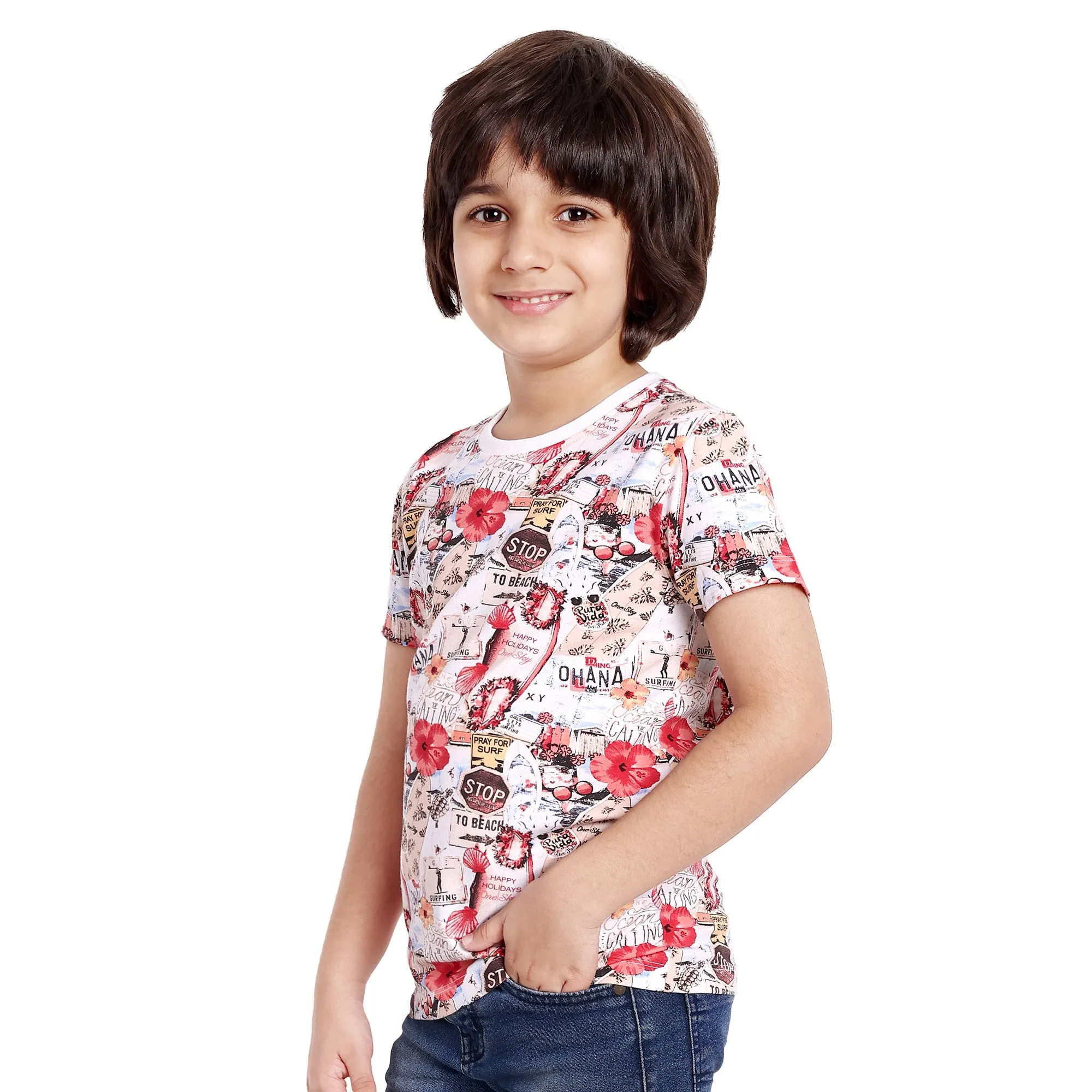 Boys White Printed Round Neck T-Shirt