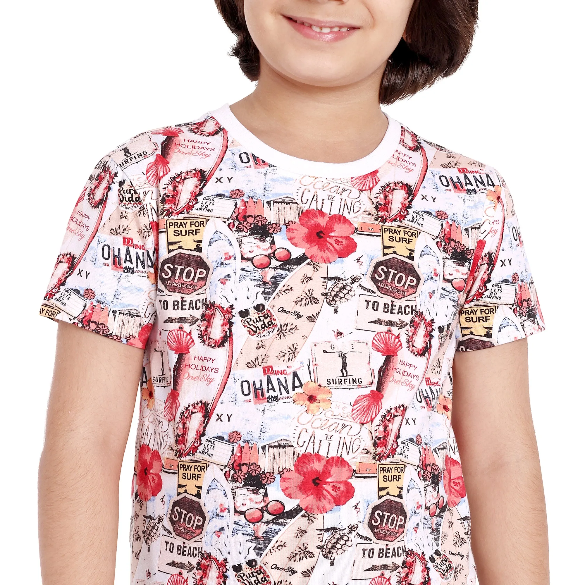 Boys White Printed Round Neck T-Shirt