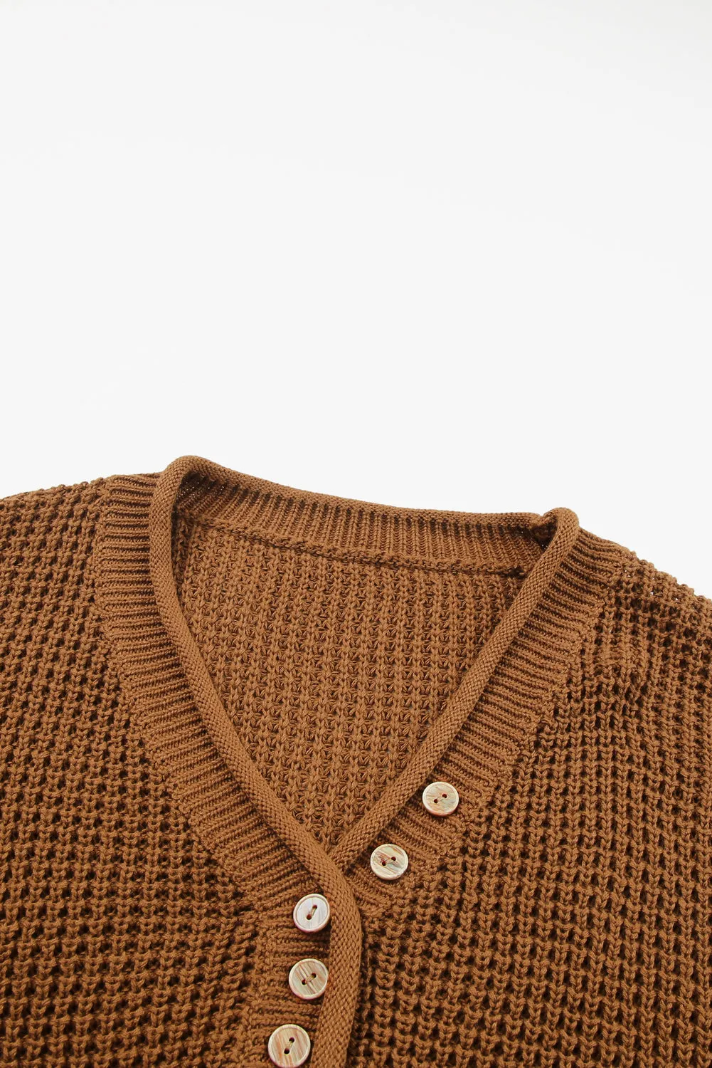 Brown Button-Up V Neck Drop Shoulder Sweater with Pointelle Knit Detail