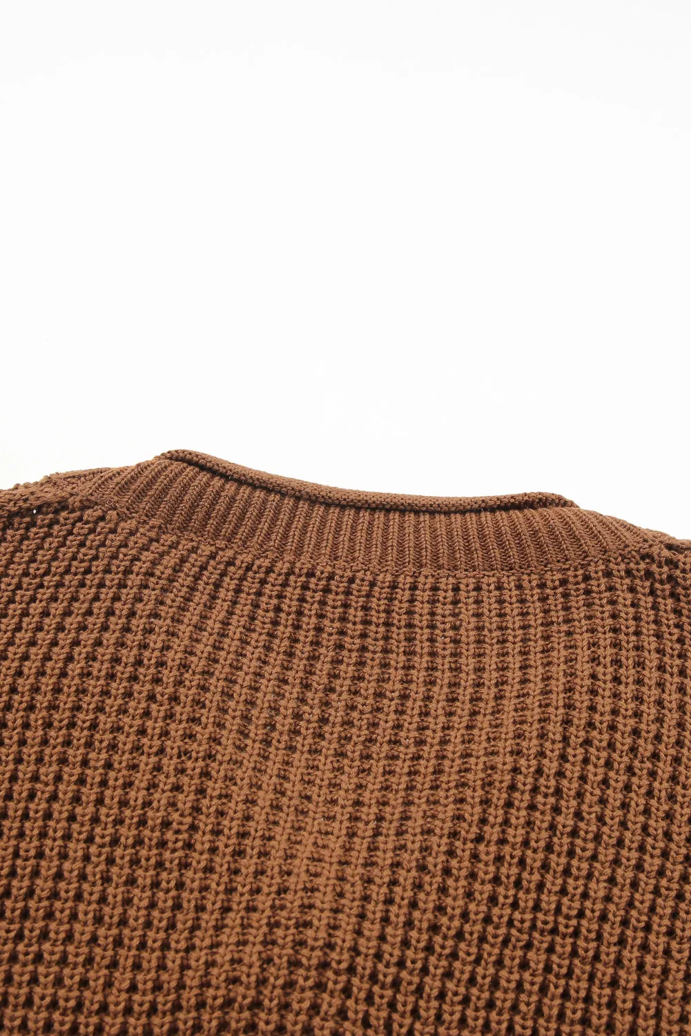 Brown Button-Up V Neck Drop Shoulder Sweater with Pointelle Knit Detail