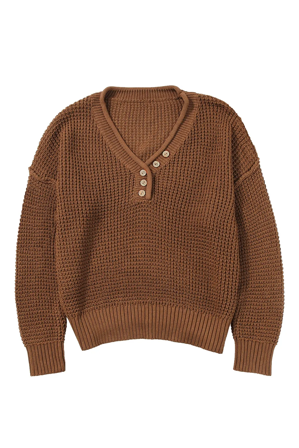 Brown Button-Up V Neck Drop Shoulder Sweater with Pointelle Knit Detail