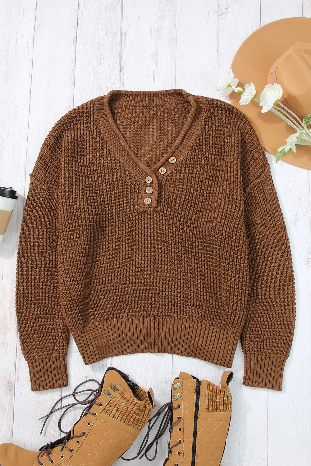 Brown Button-Up V Neck Drop Shoulder Sweater with Pointelle Knit Detail