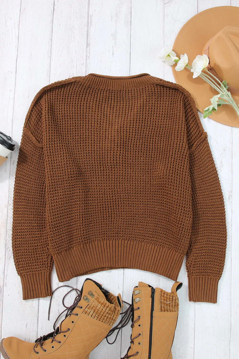 Brown Button-Up V Neck Drop Shoulder Sweater with Pointelle Knit Detail