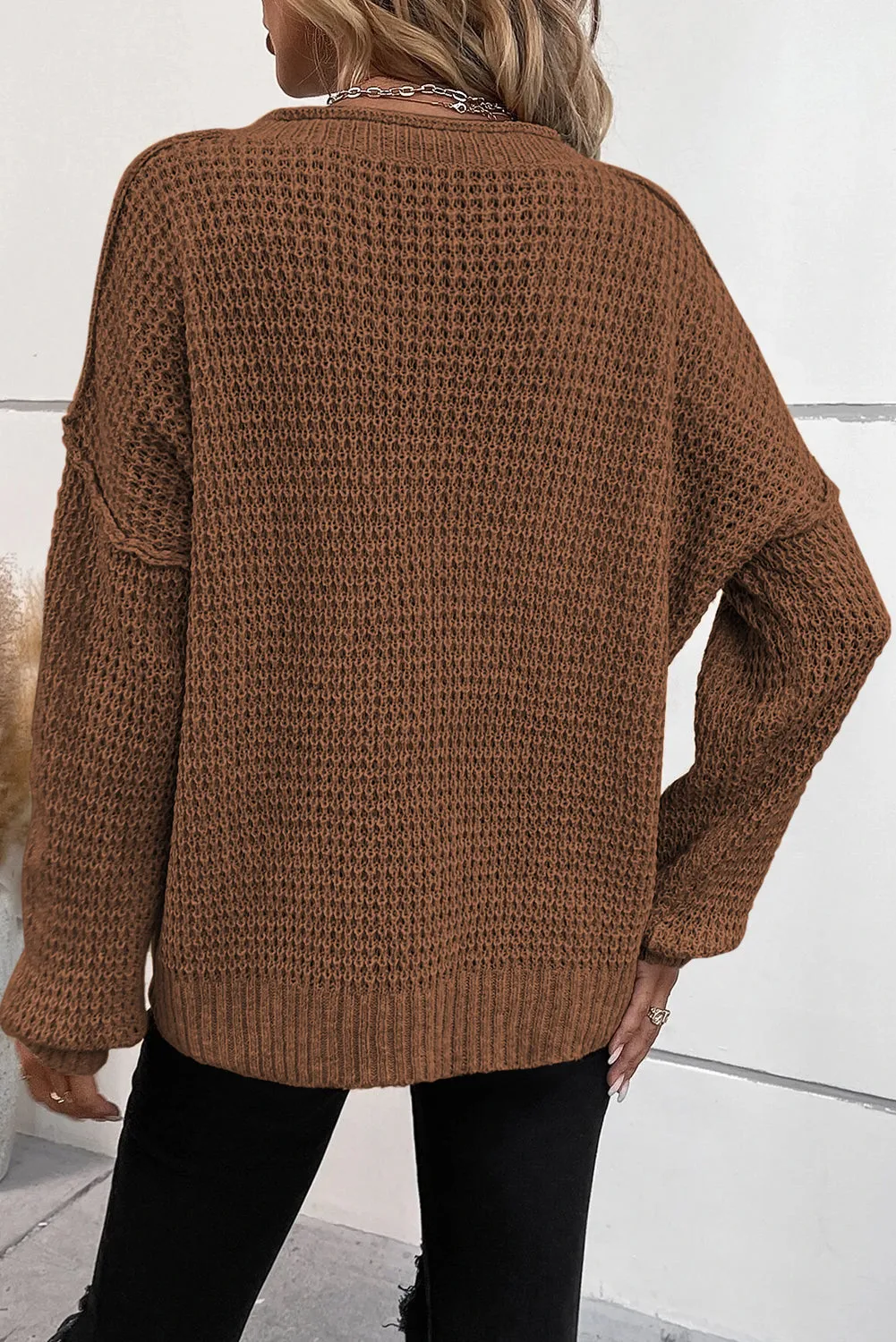 Brown Button-Up V Neck Drop Shoulder Sweater with Pointelle Knit Detail