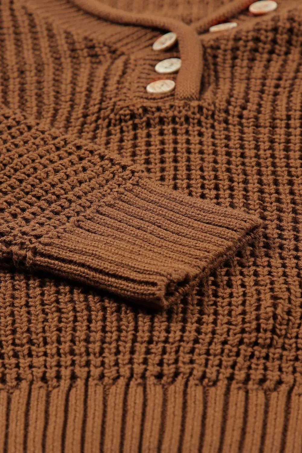 Brown Button-Up V Neck Drop Shoulder Sweater with Pointelle Knit Detail