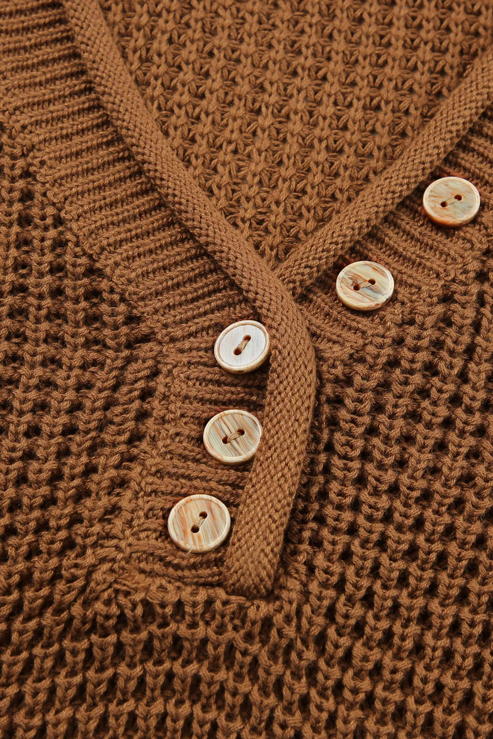 Brown Button-Up V Neck Drop Shoulder Sweater with Pointelle Knit Detail