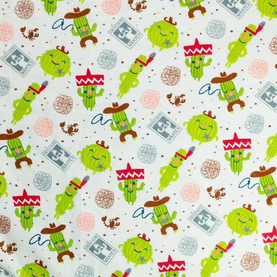 Cactus on White Printed Flannelette