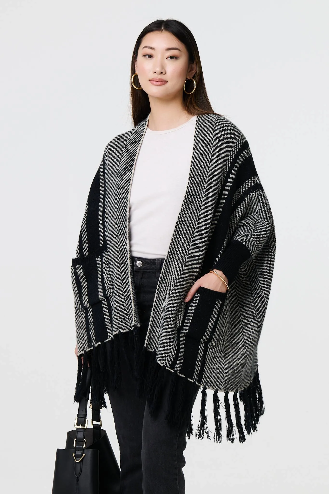 Chevron Print Tassel Fringe Open Cardigan