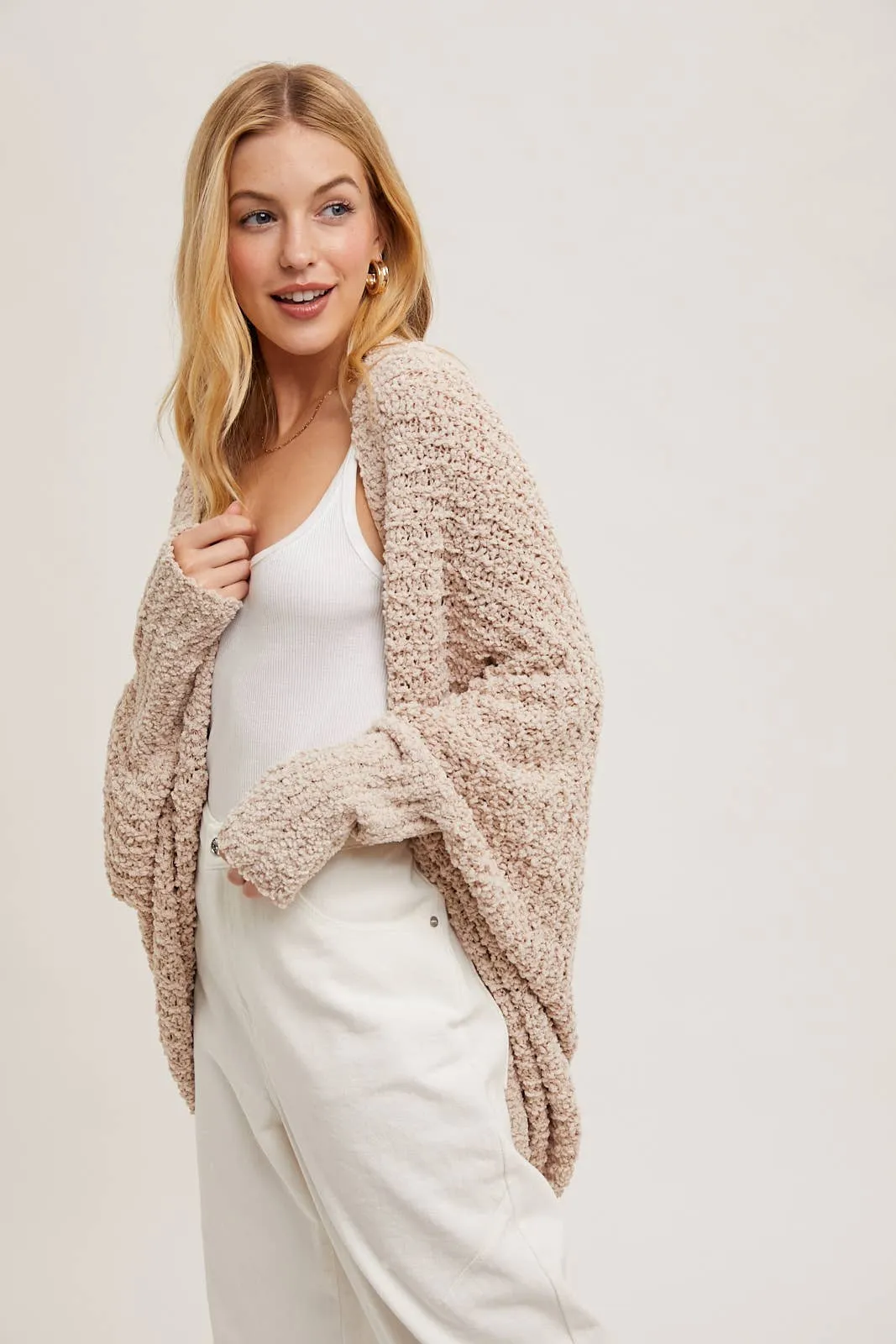 Chunky Popcorn Knit Sweater Open Front Dolman Cardigan