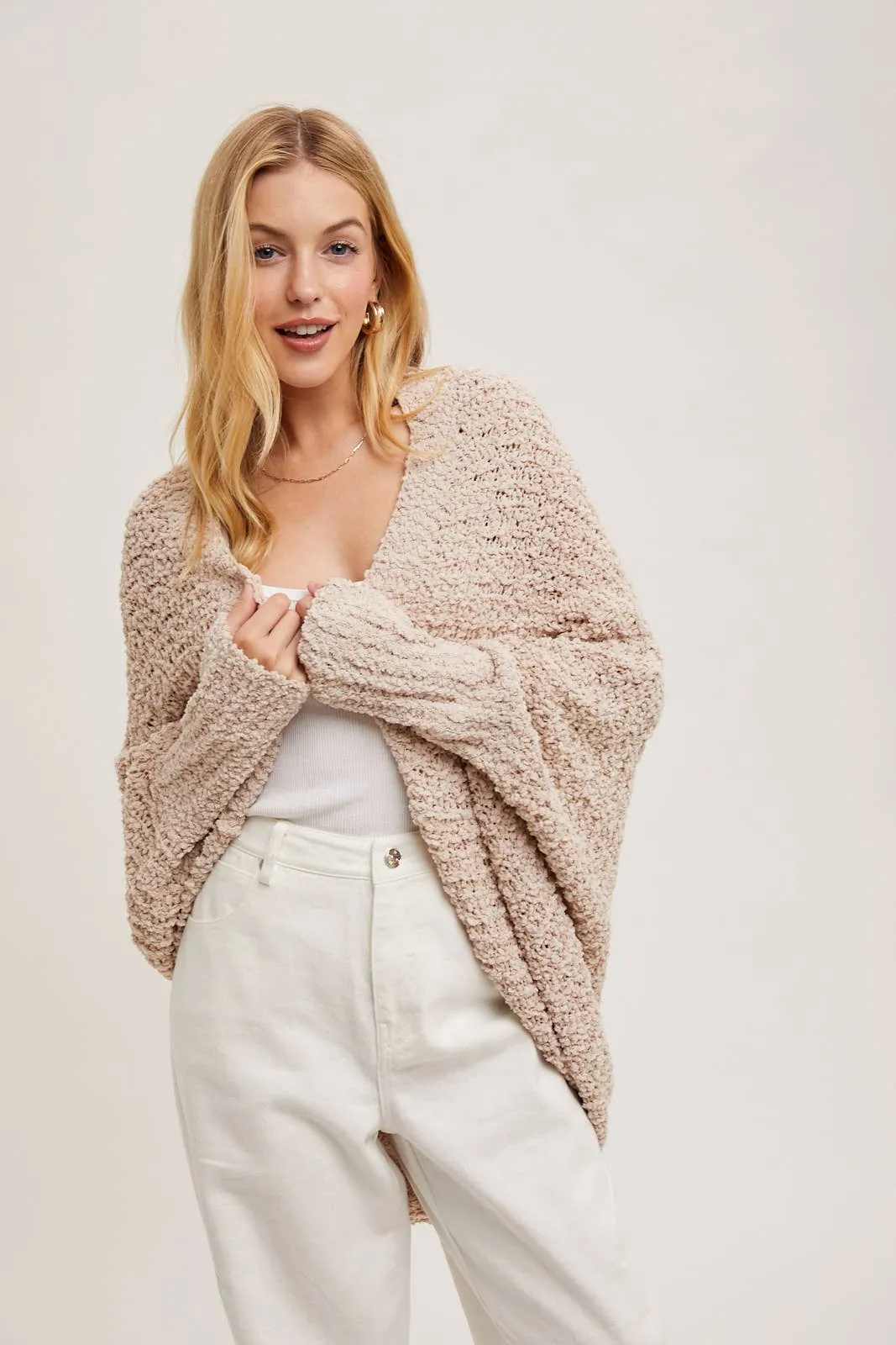 Chunky Popcorn Knit Sweater Open Front Dolman Cardigan