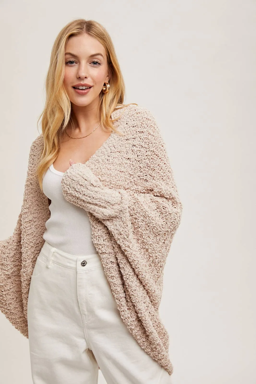 Chunky Popcorn Knit Sweater Open Front Dolman Cardigan