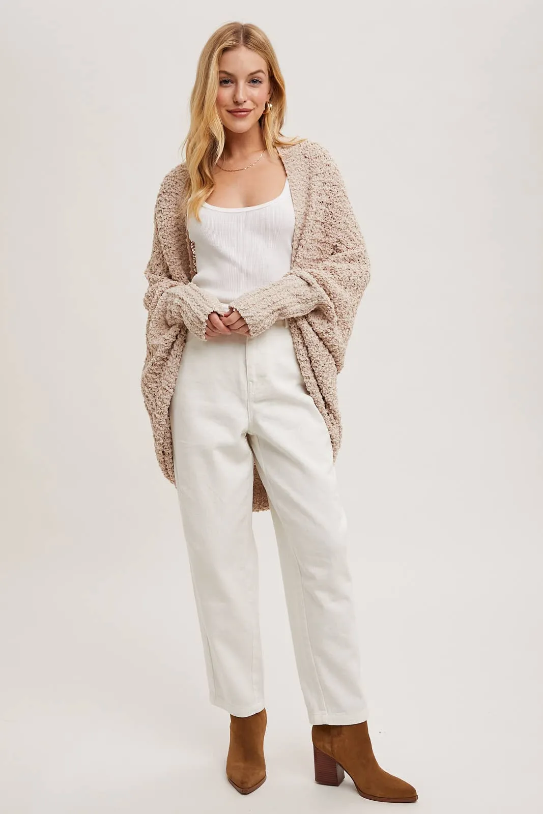 Chunky Popcorn Knit Sweater Open Front Dolman Cardigan