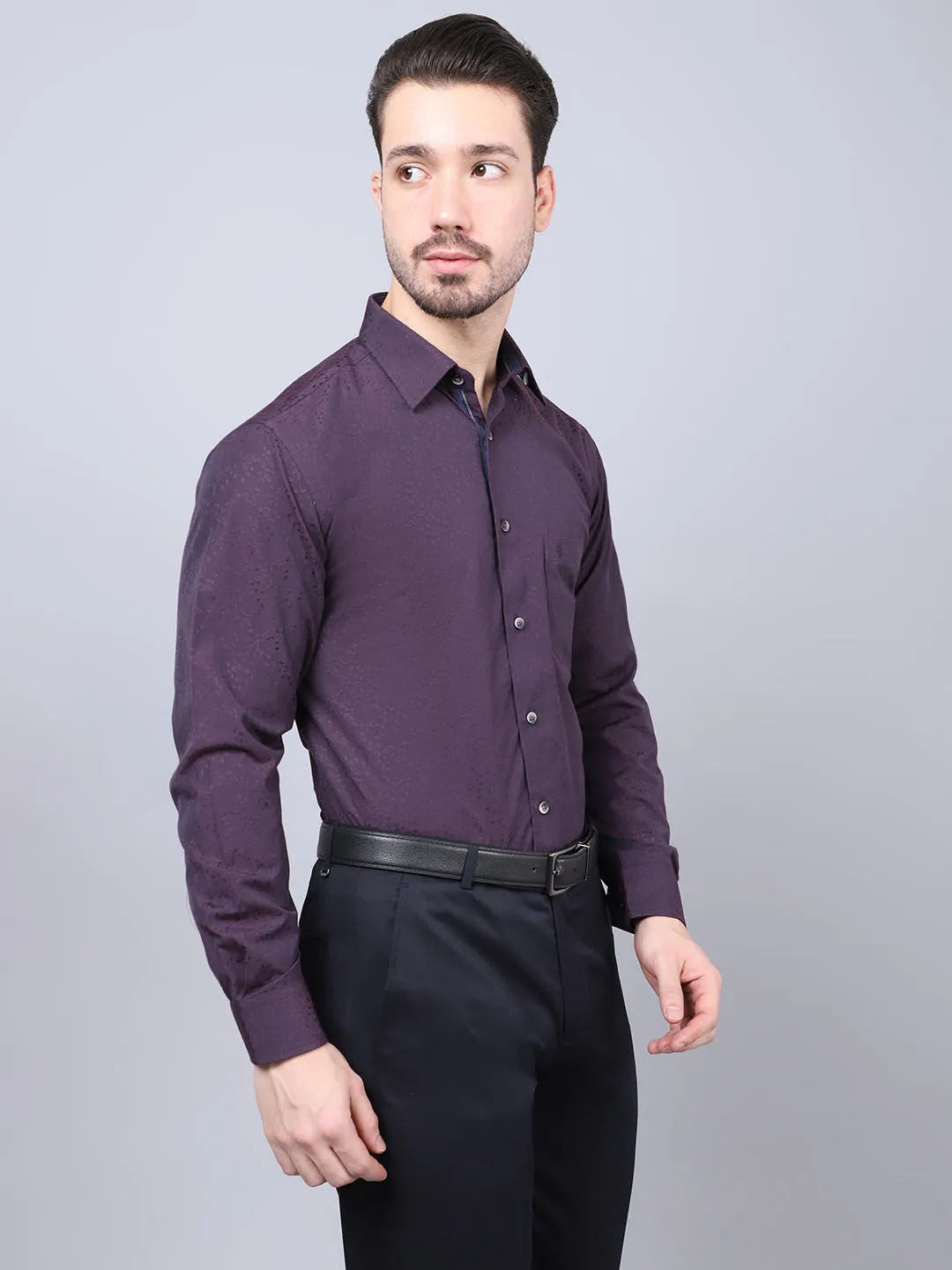 Cotton Blend Self Design Maroon Full Sleeve Regular Fit Formal Shirt for Men with Pocket