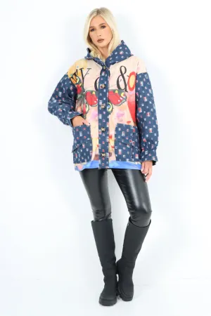 Denim Printed Patch Work Hooded Long sleeve Jacket