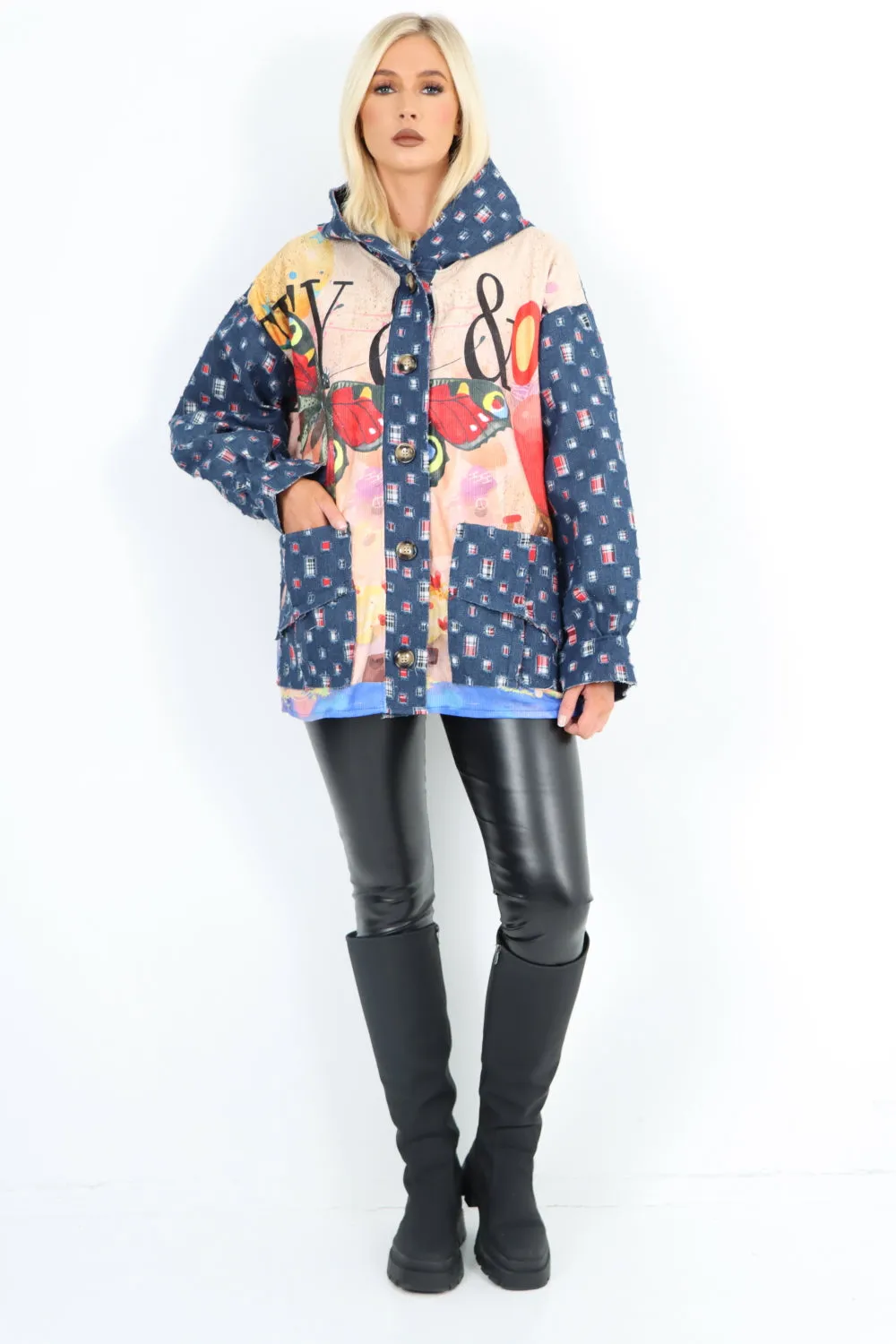 Denim Printed Patch Work Hooded Long sleeve Jacket