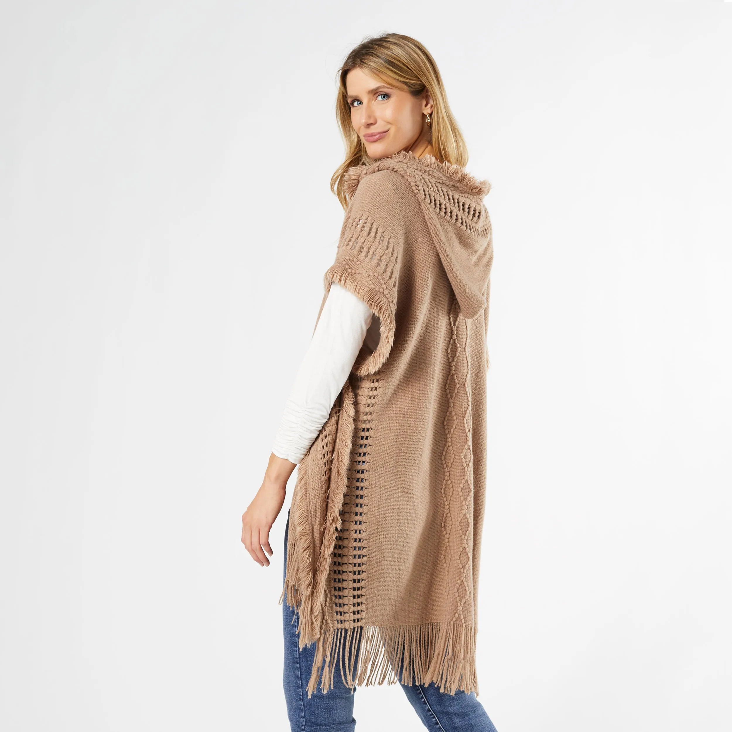 Eloise Hooded Ruana with Frayed Fringe - Taupe