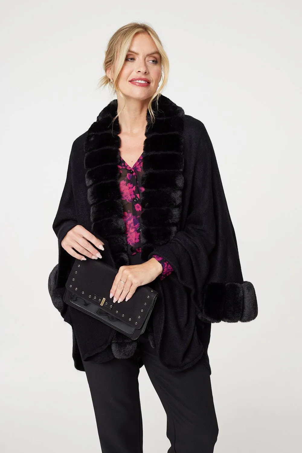 Faux Fur Longline Hanky Hem Poncho