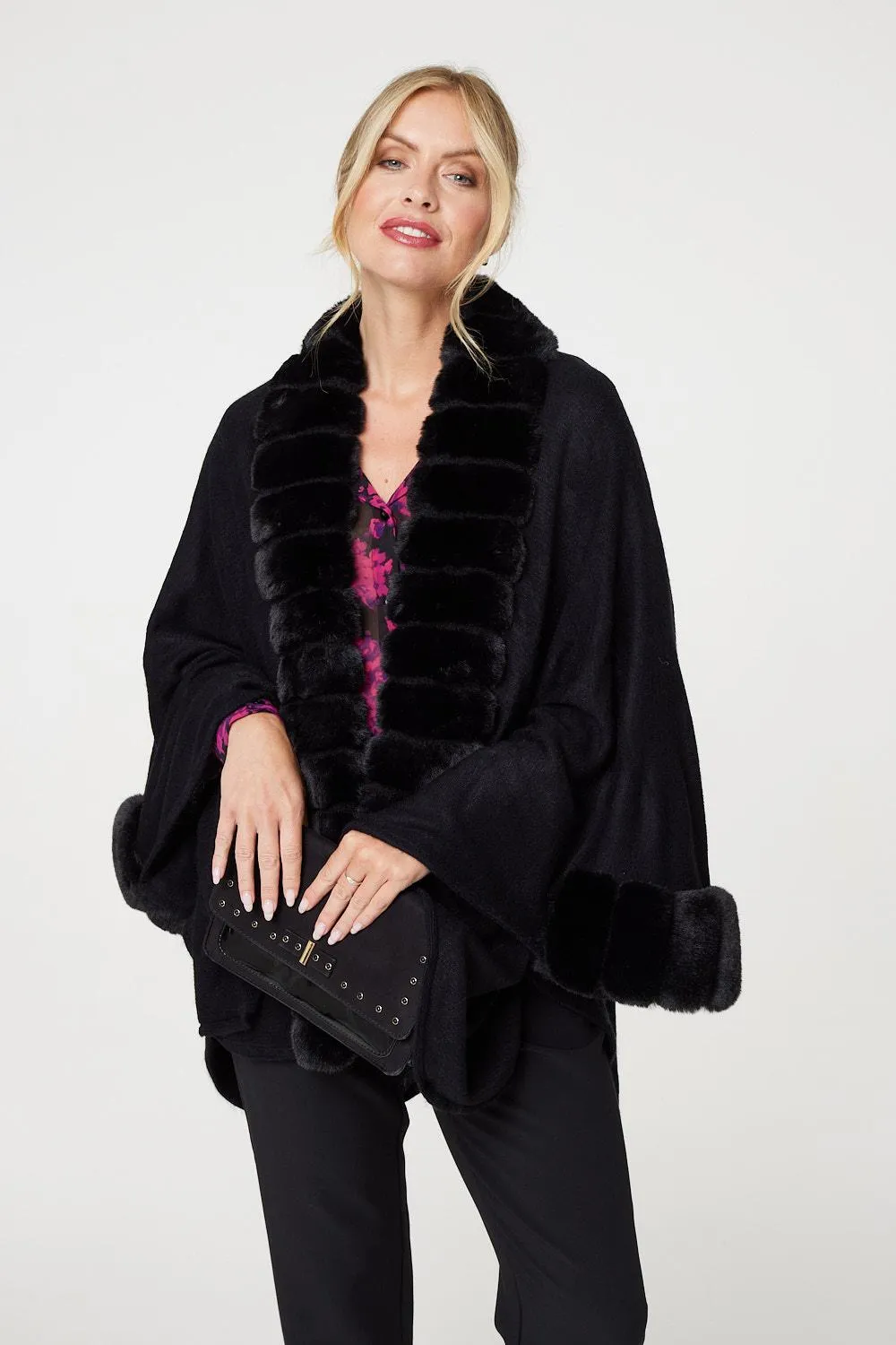 Faux Fur Longline Hanky Hem Poncho