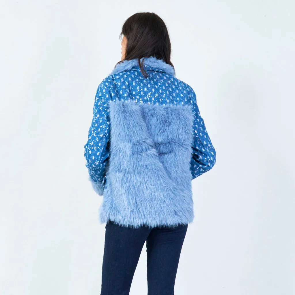 Fuzzy faux fur jacket with textured sleeves wholesale