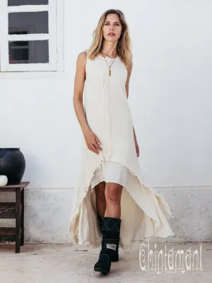 High Low Raw Cotton Long Dress with Double Layer / Aroha Tino Off White