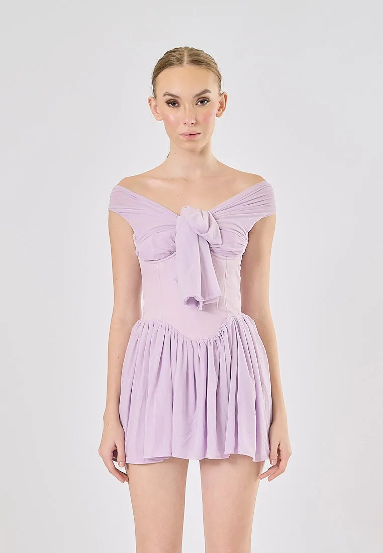 Kehlani Purple Bow Tie Off Shoulder Mini Dress