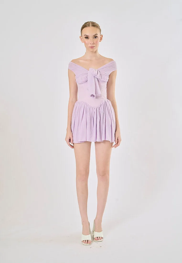 Kehlani Purple Bow Tie Off Shoulder Mini Dress