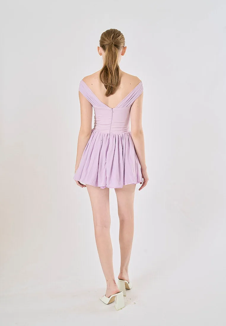 Kehlani Purple Bow Tie Off Shoulder Mini Dress