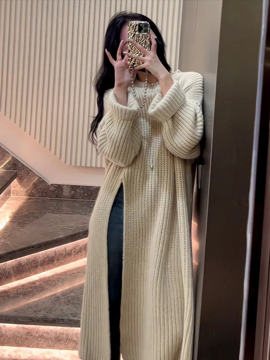 Loose Knit Sweater Dress for Women Relaxed Style - Autumn Winter New Arrival with Side Slit Design