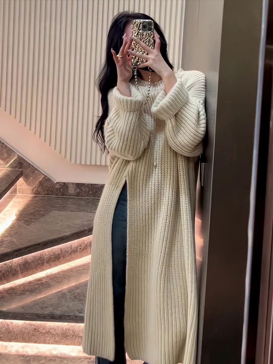 Loose Knit Sweater Dress for Women Relaxed Style - Autumn Winter New Arrival with Side Slit Design