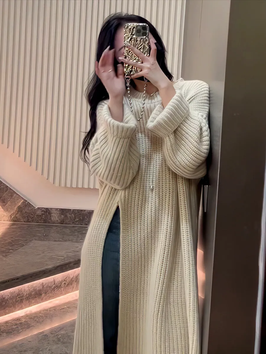 Loose Knit Sweater Dress for Women Relaxed Style - Autumn Winter New Arrival with Side Slit Design