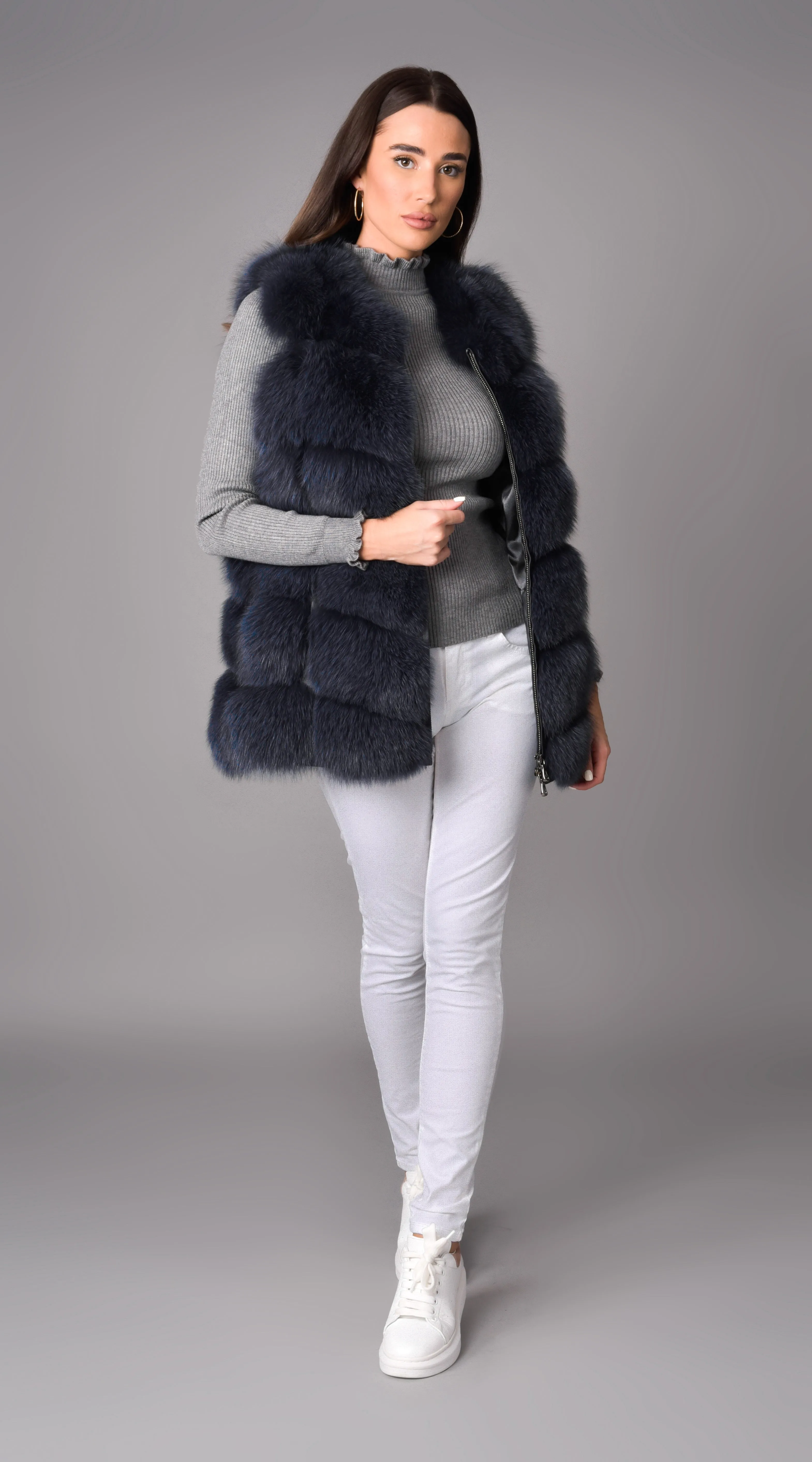 Luxy Fox Fur Gilet - Slate