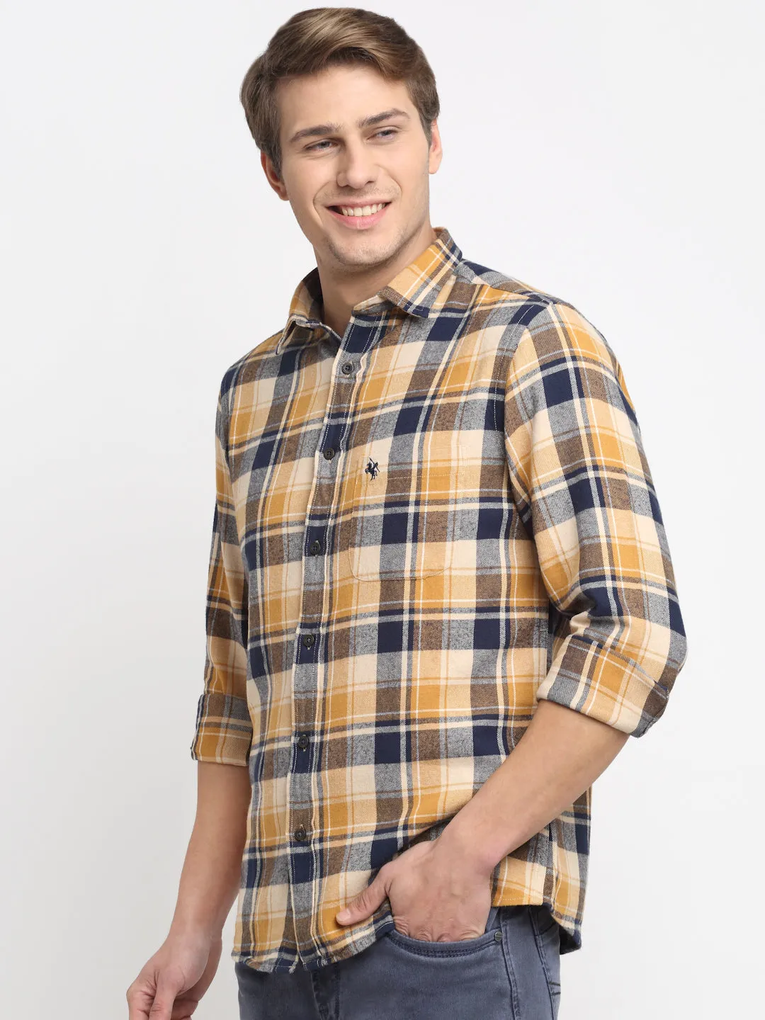 Men Cotton Blend Checkered Yellow Full Sleeve Casual Shirt for Men with Pocket