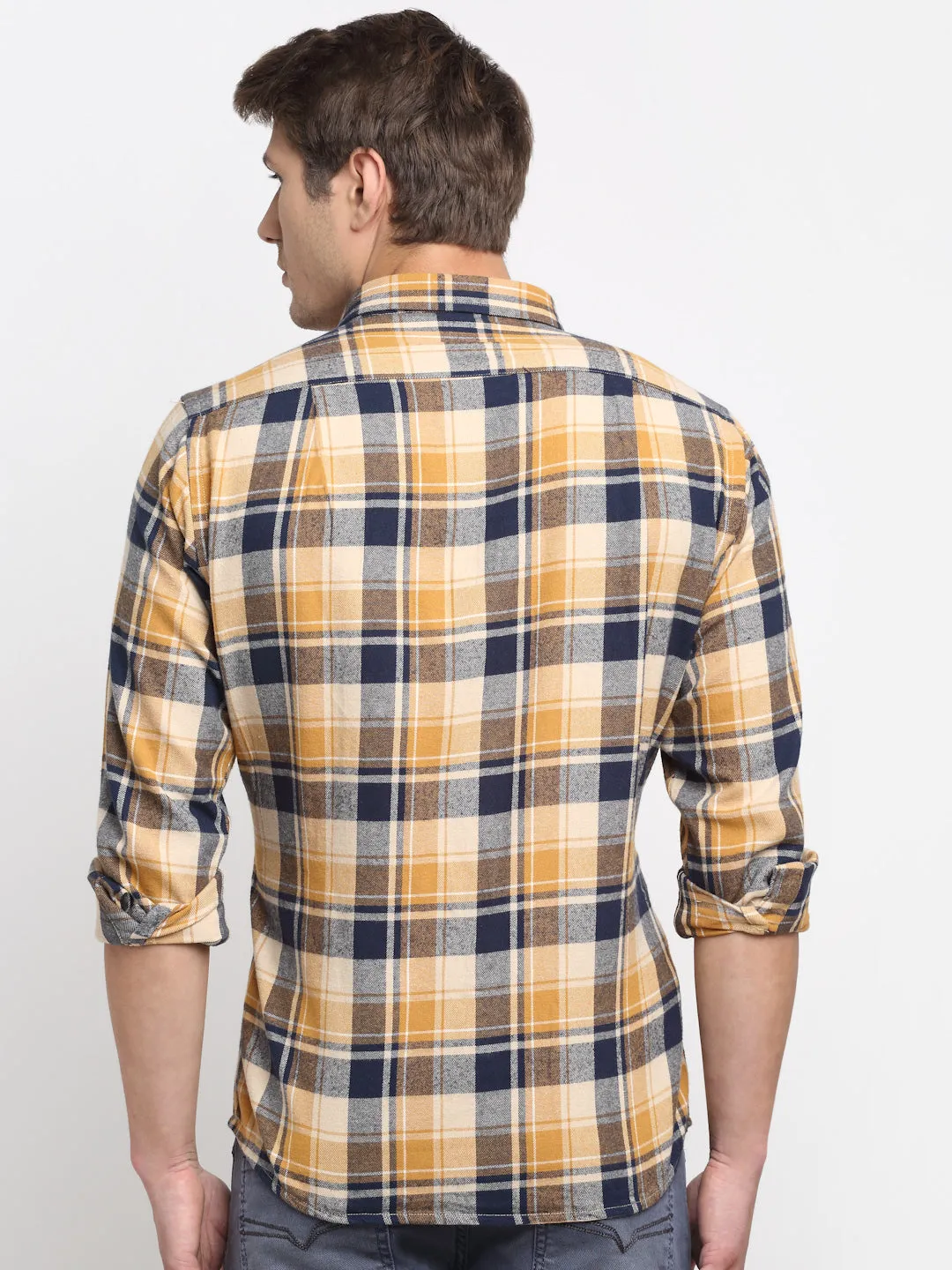 Men Cotton Blend Checkered Yellow Full Sleeve Casual Shirt for Men with Pocket