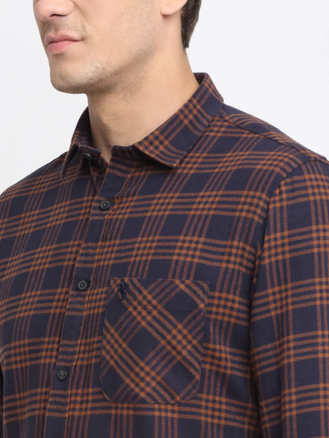 Men Cotton Checkered Rust Full Sleeve Casual Shirt for Men with Pocket