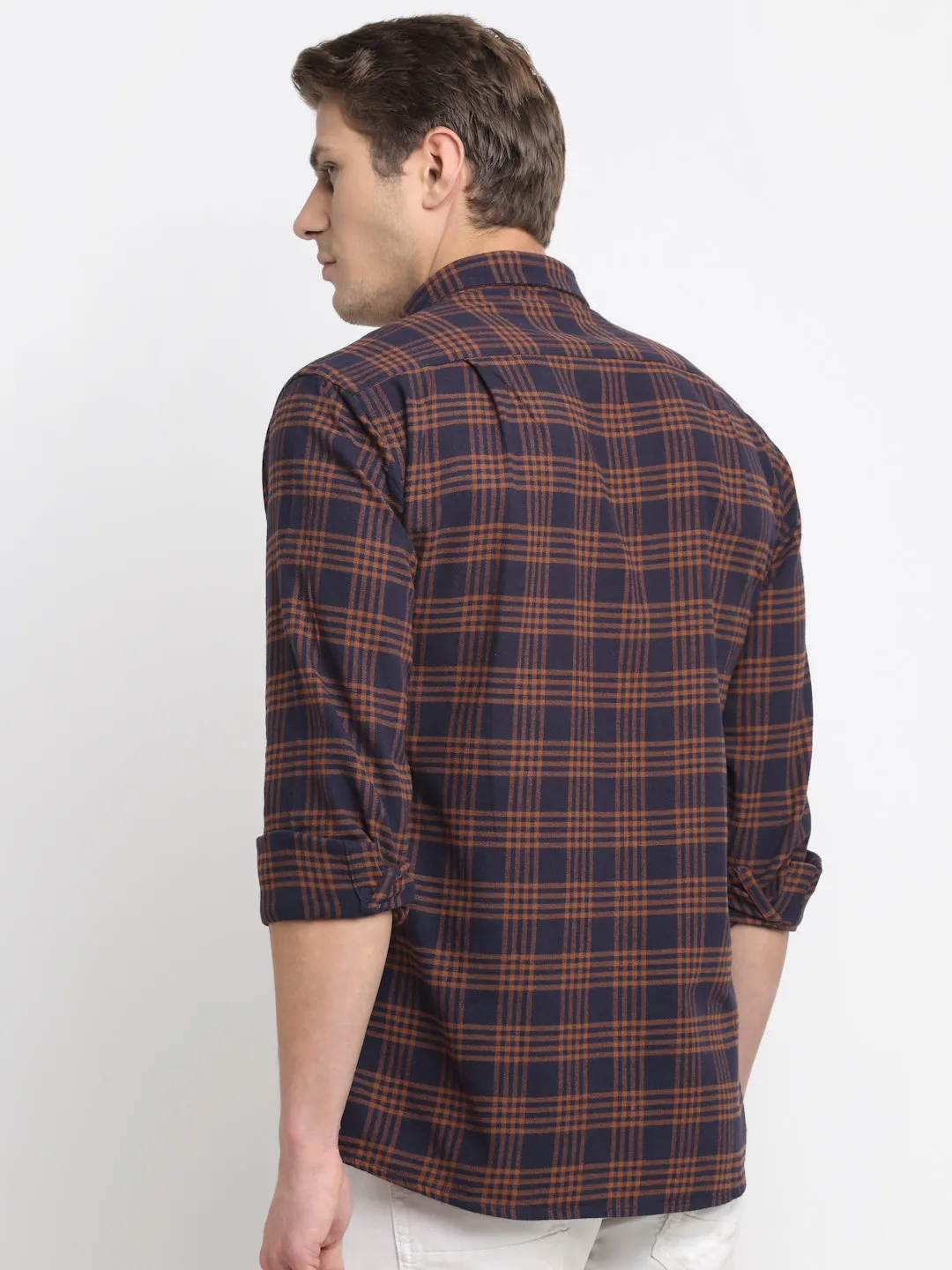 Men Cotton Checkered Rust Full Sleeve Casual Shirt for Men with Pocket