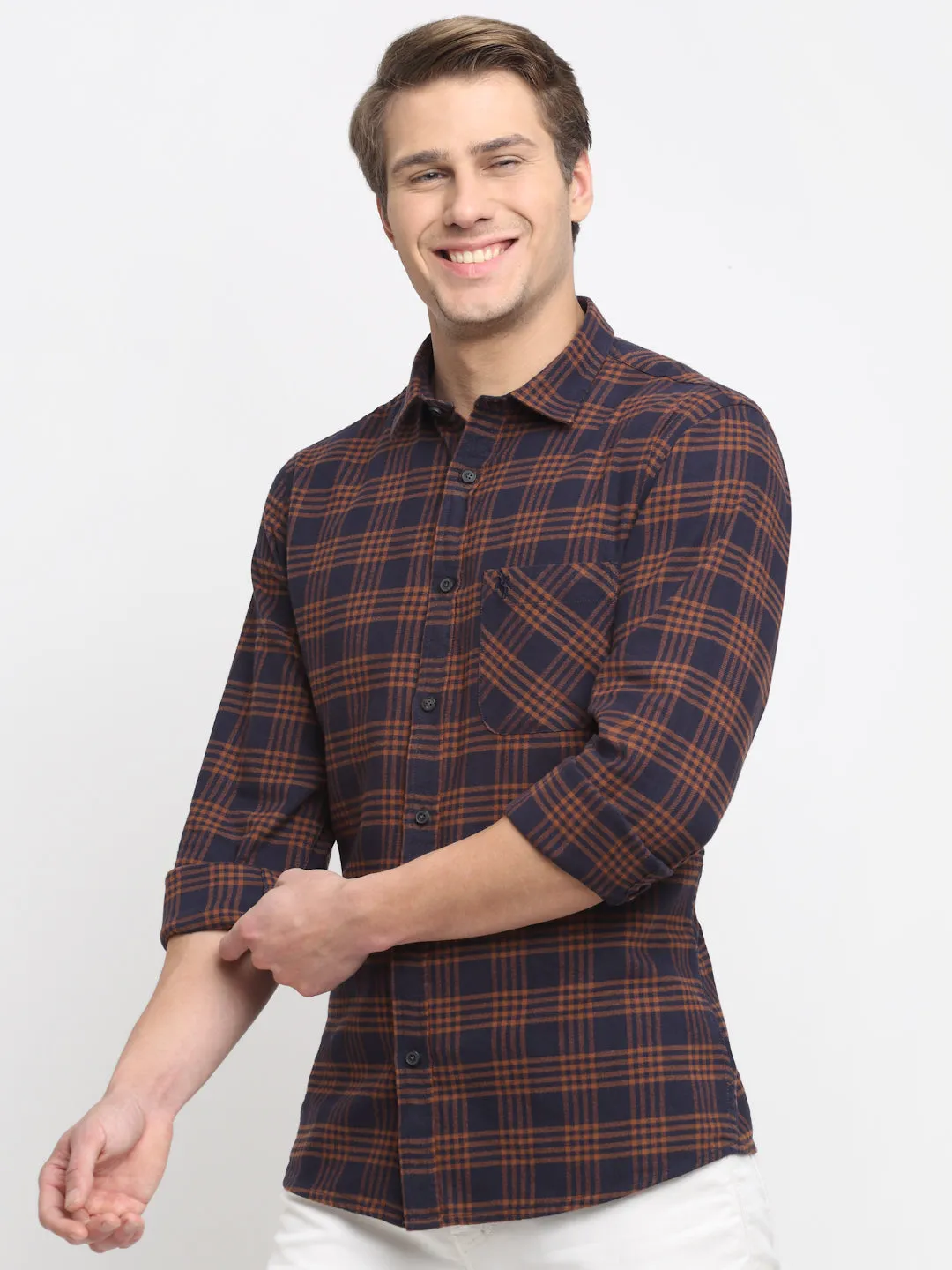 Men Cotton Checkered Rust Full Sleeve Casual Shirt for Men with Pocket