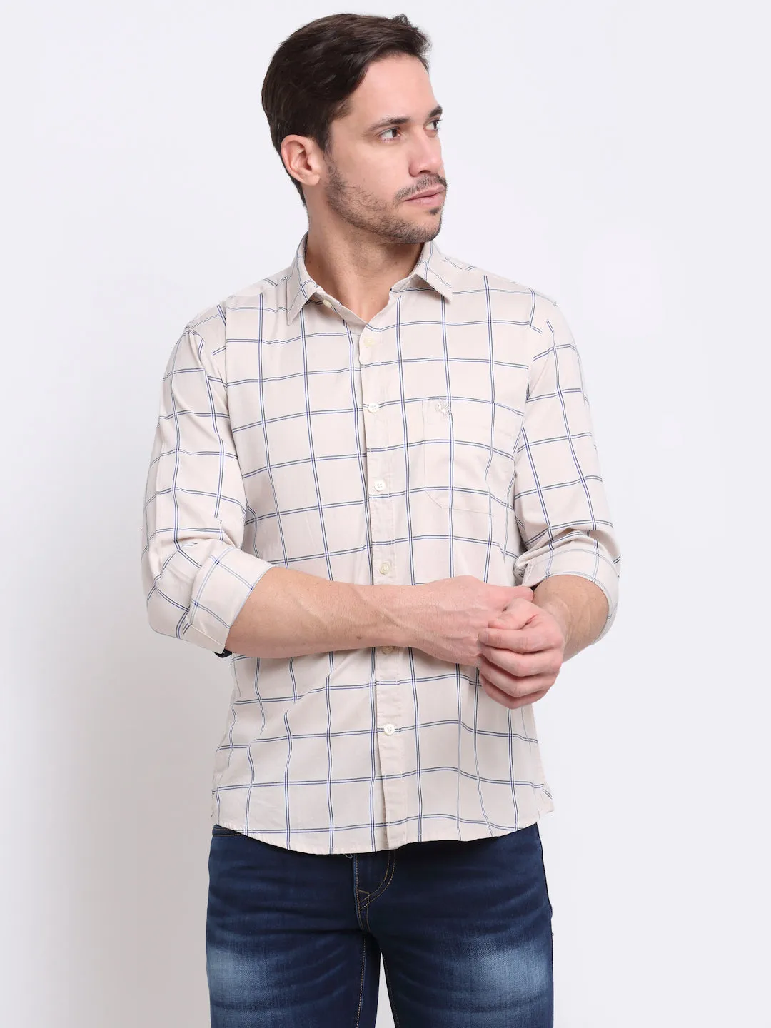 Men Cotton Checkered Yellow Full Sleeve Casual Shirt for Men with Pocket