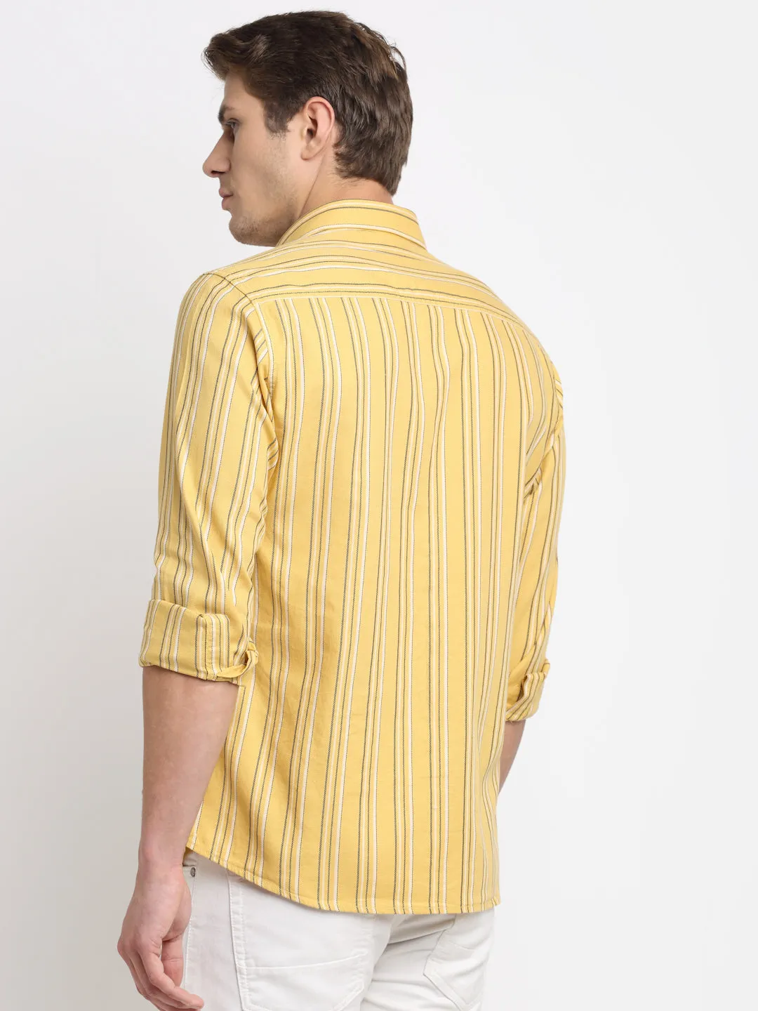 Men Cotton Striped Mustard Full Sleeve Casual Shirt for Men with Pocket