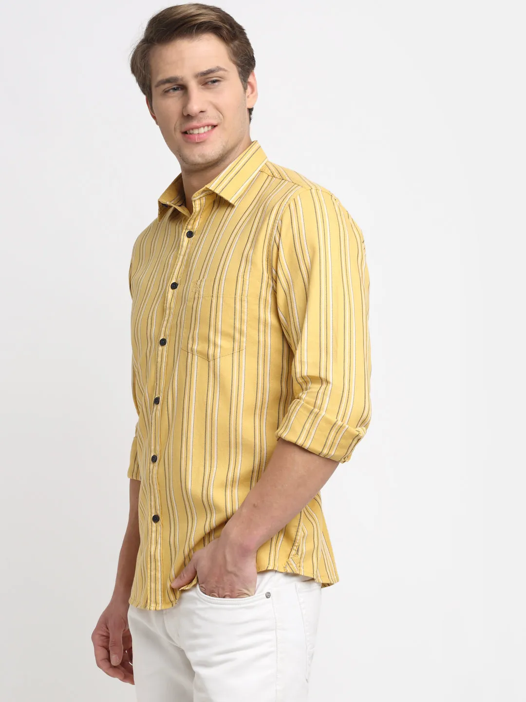 Men Cotton Striped Mustard Full Sleeve Casual Shirt for Men with Pocket