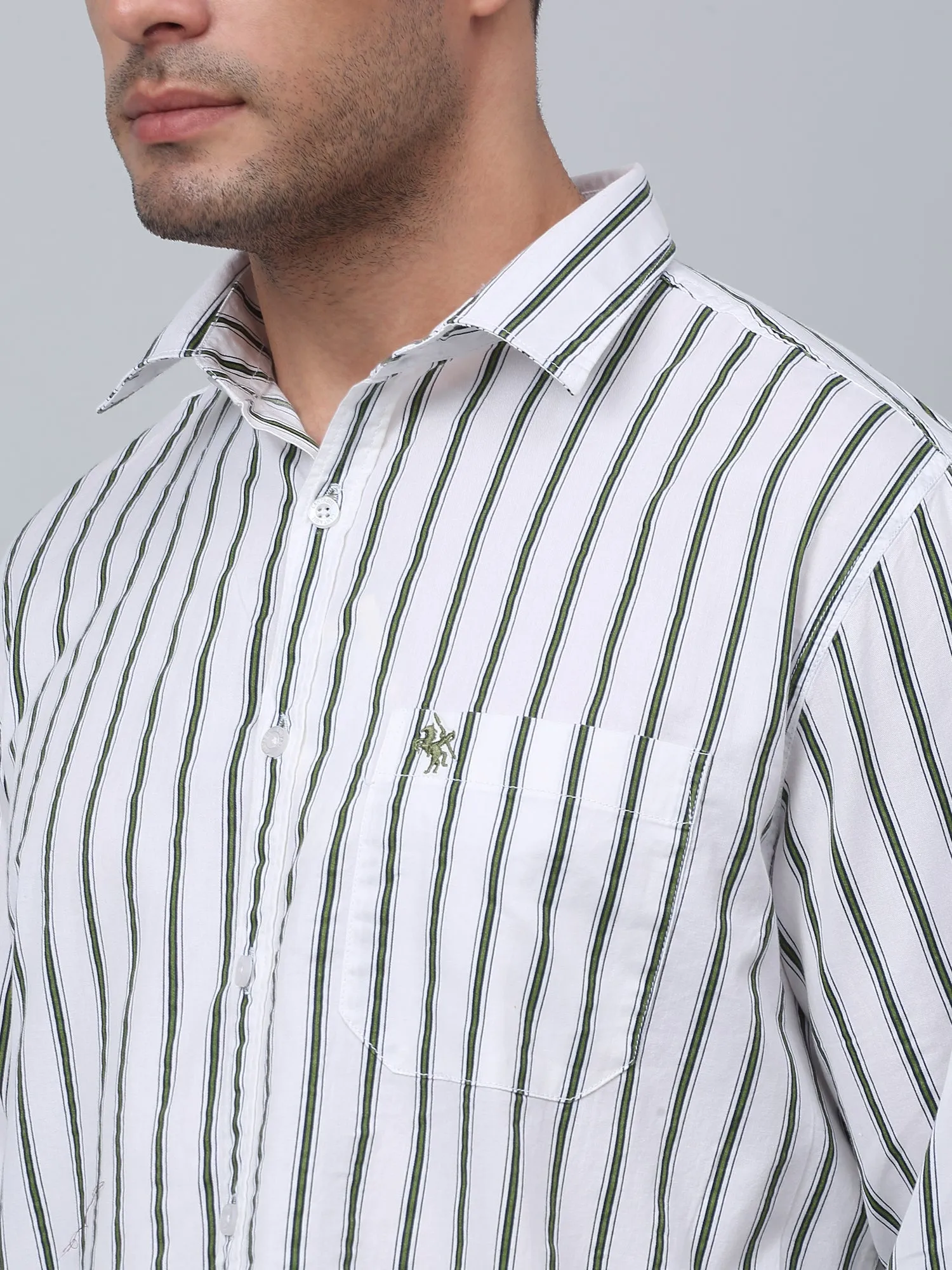 Men's Green Casual Thin Stripe Full Sleeve Shirt