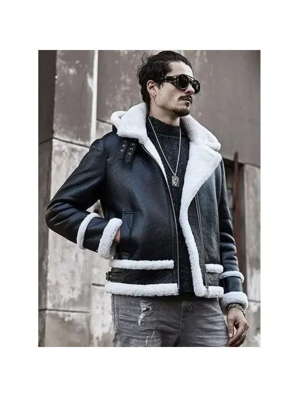 Men's Hooded Sheepskin Shearling Leather Jacket - Short Bomber Coat